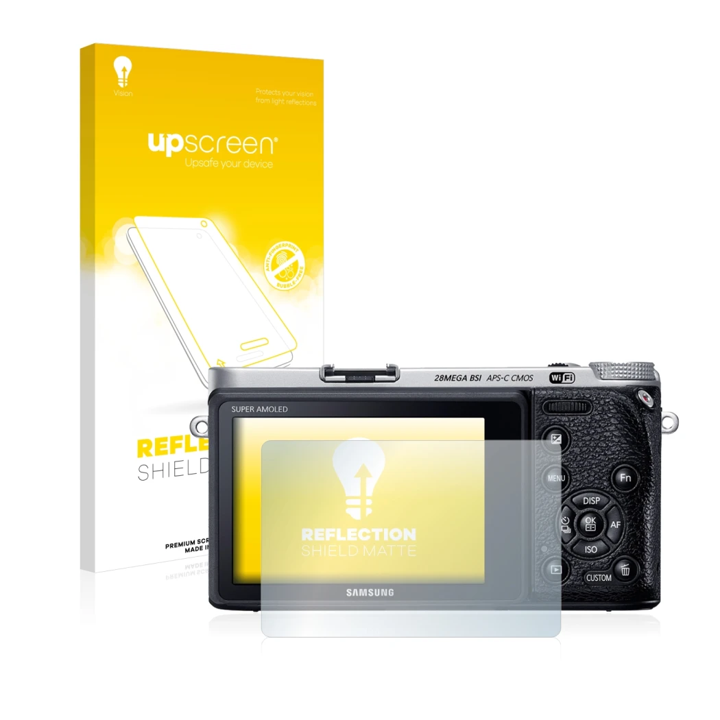 Face avant d’un emballage produit avec le logo de la marque upscreen. À côté, l’appareil Samsung NX500 est représenté avec la