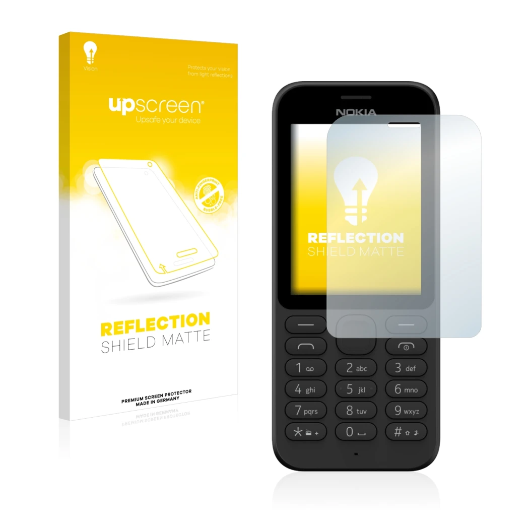 Face avant d’un emballage produit avec le logo de la marque upscreen. À côté, l’appareil Microsoft Nokia 215 est représenté av