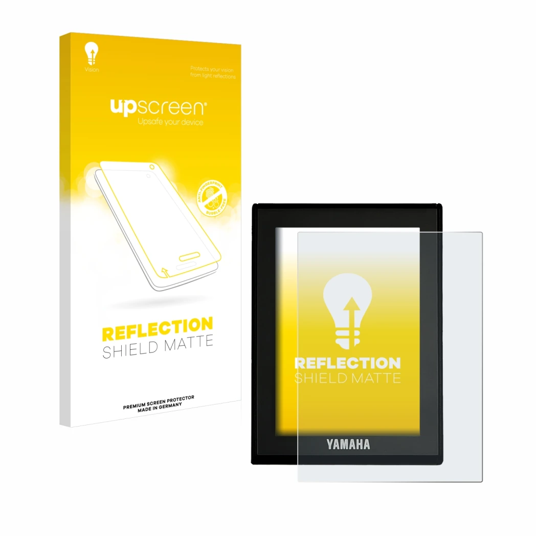 Face avant d’un emballage produit avec le logo de la marque upscreen. À côté, l’appareil Yamaha LCD Display (E-Bike Display) e