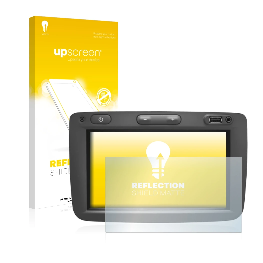 Face avant d’un emballage produit avec le logo de la marque upscreen. À côté, l’appareil Dacia Media Nav est représenté avec l