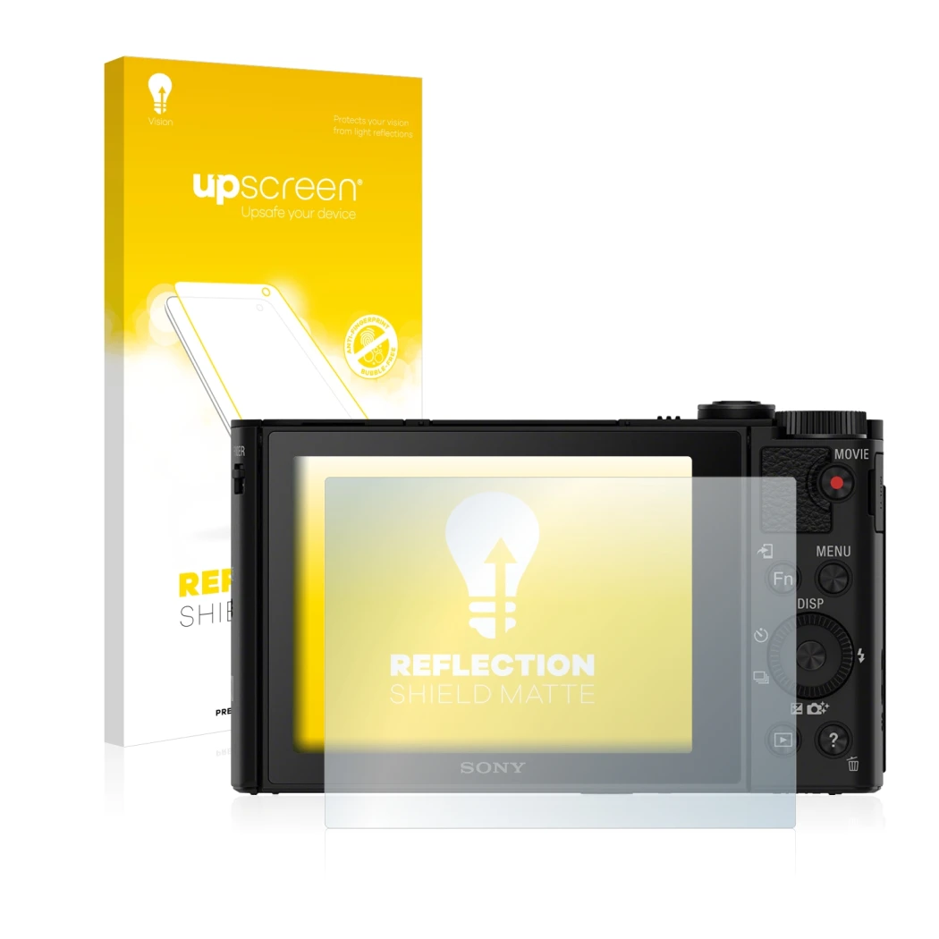 Face avant d’un emballage produit avec le logo de la marque upscreen. À côté, l’appareil Sony Cyber-Shot DSC-HX90 est représen