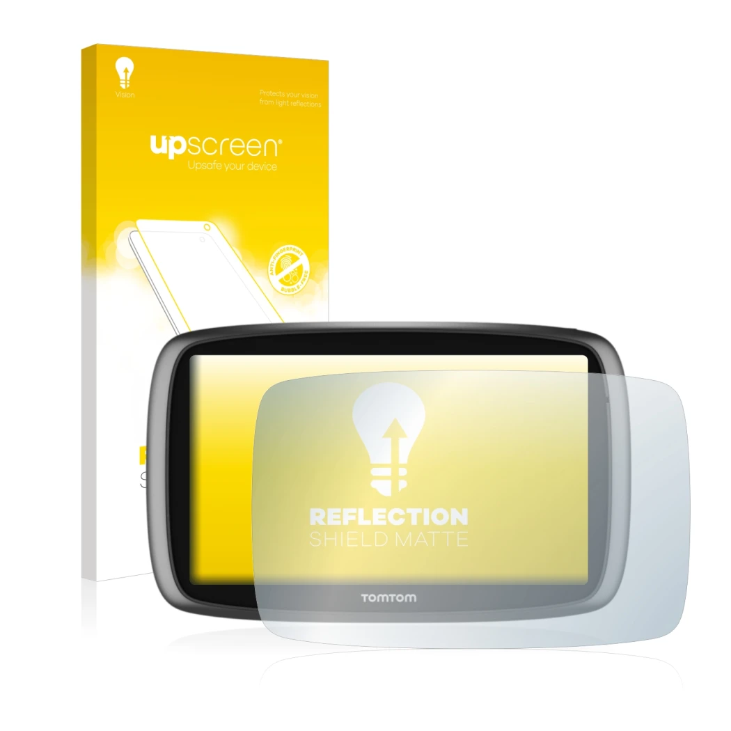 Face avant d’un emballage produit avec le logo de la marque upscreen. À côté, l’appareil TomTom GO 6100 est représenté avec la