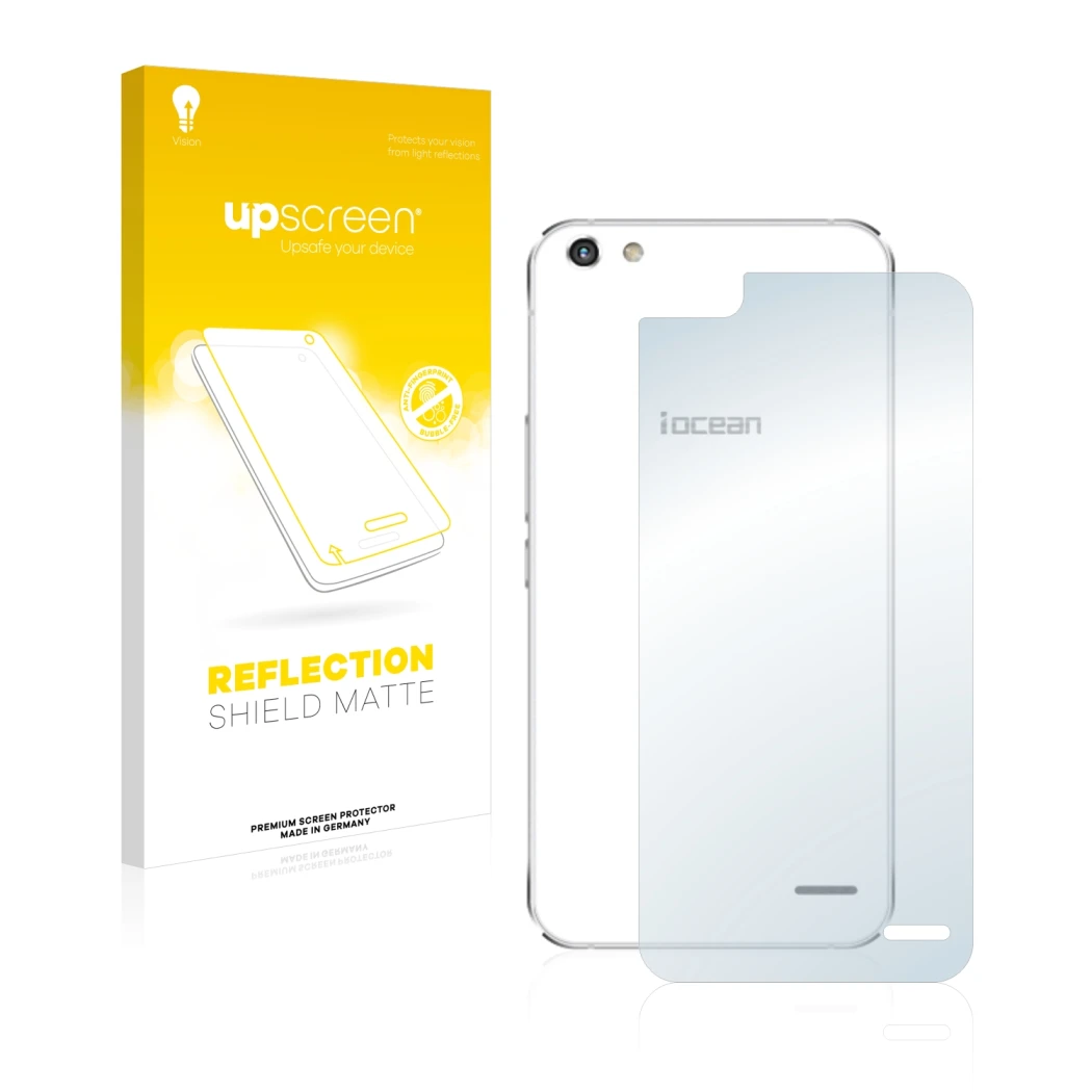 Face avant d’un emballage produit avec le logo de la marque upscreen. À côté, l’appareil iOcean X9 (Arrière) est représenté av