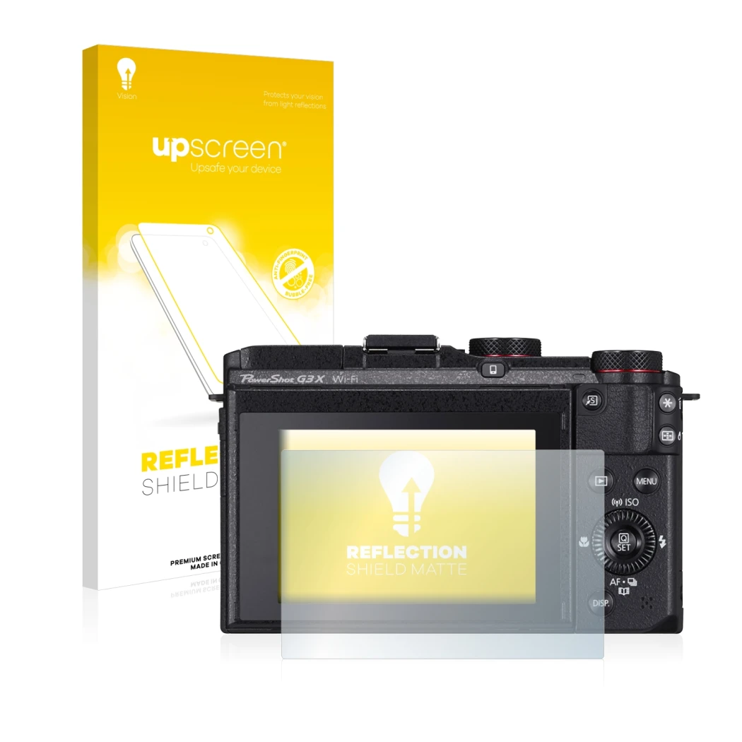 Face avant d’un emballage produit avec le logo de la marque upscreen. À côté, l’appareil Canon PowerShot G3 X est représenté a
