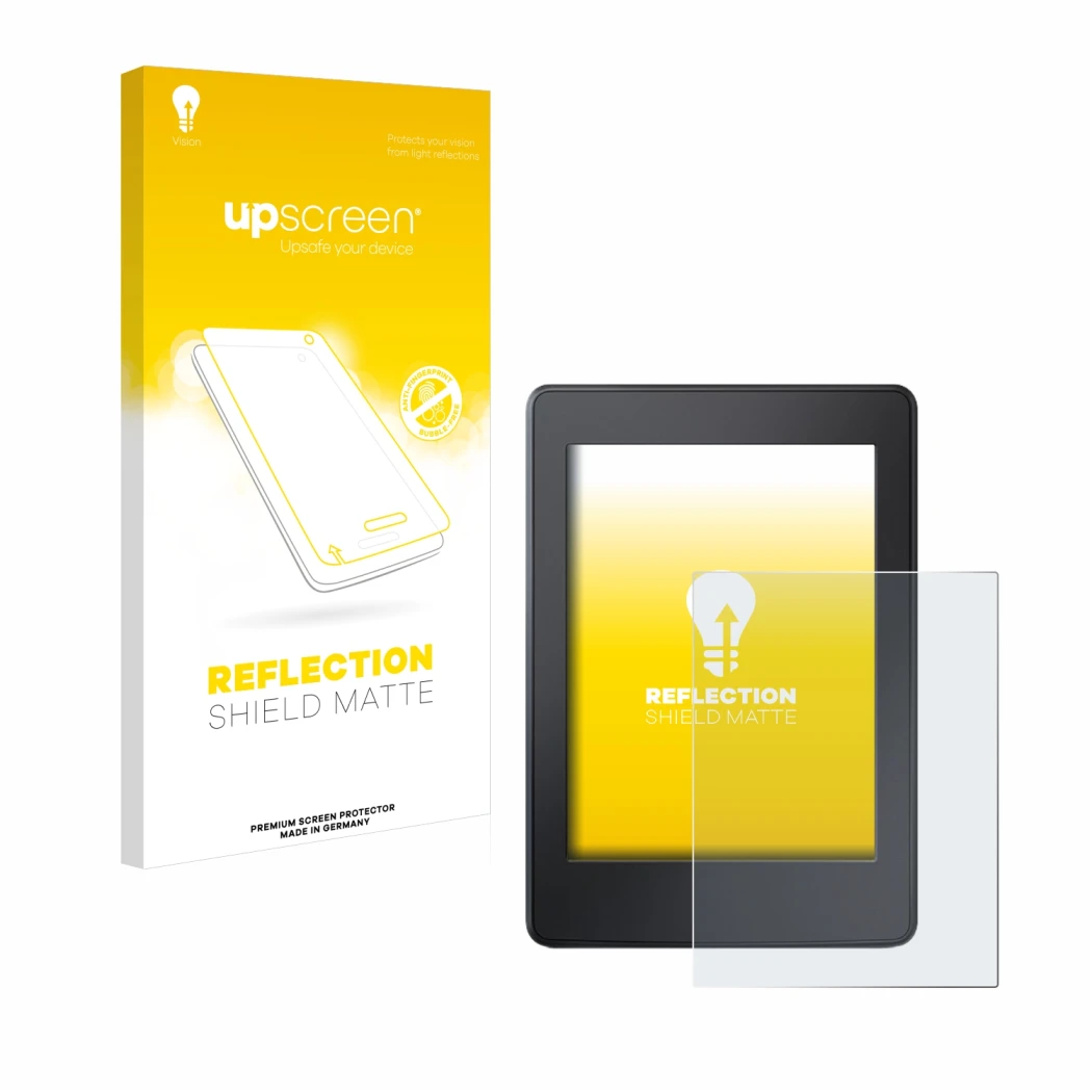 Face avant d’un emballage produit avec le logo de la marque upscreen. À côté, l’appareil Amazon Kindle Paperwhite 2015 (7ème G