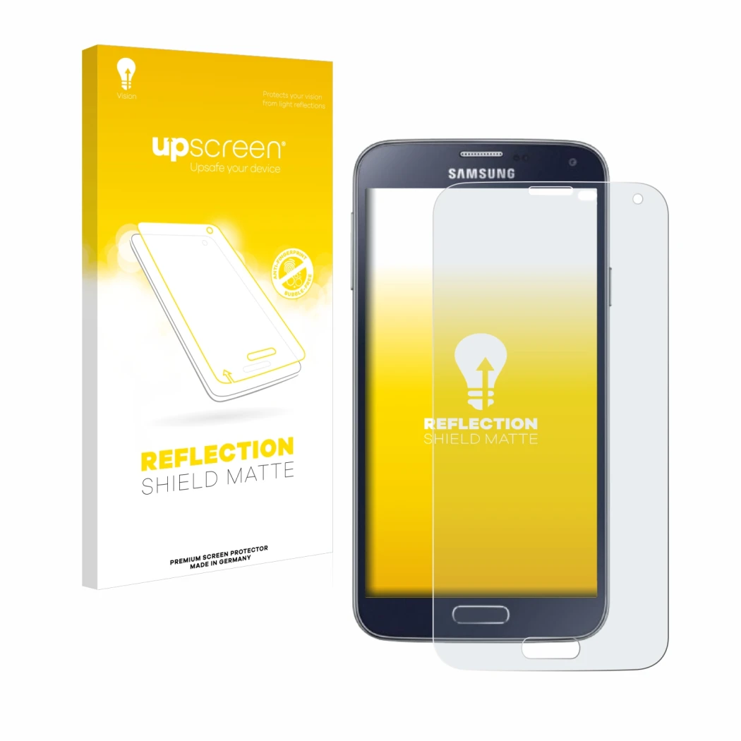 Face avant d’un emballage produit avec le logo de la marque upscreen. À côté, l’appareil Samsung Galaxy S5 Neo est représenté 
