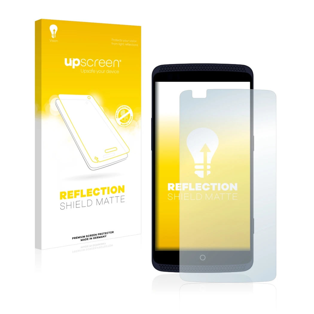 Face avant d’un emballage produit avec le logo de la marque upscreen. À côté, l’appareil ZTE Axon Pro est représenté avec la p