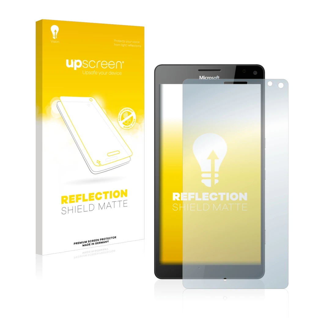 Face avant d’un emballage produit avec le logo de la marque upscreen. À côté, l’appareil Microsoft Lumia 950 XL est représenté