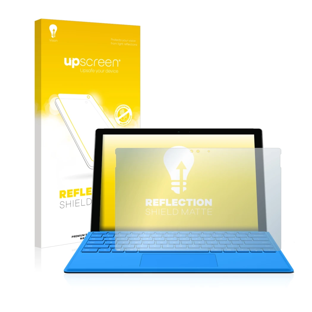 Face avant d’un emballage produit avec le logo de la marque upscreen. À côté, l’appareil Microsoft Surface Pro 4 est représent