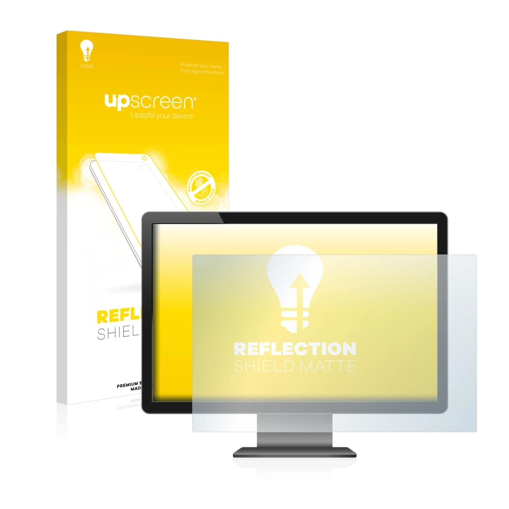 Face avant d’un emballage produit avec le logo de la marque upscreen. À côté, l’appareil est représenté avec la protection d’é
