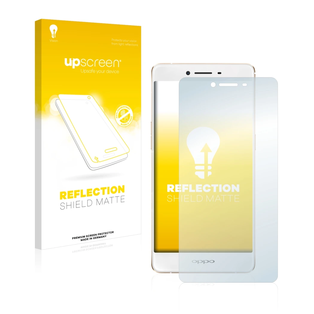 Face avant d’un emballage produit avec le logo de la marque upscreen. À côté, l’appareil Oppo R7s est représenté avec la prote