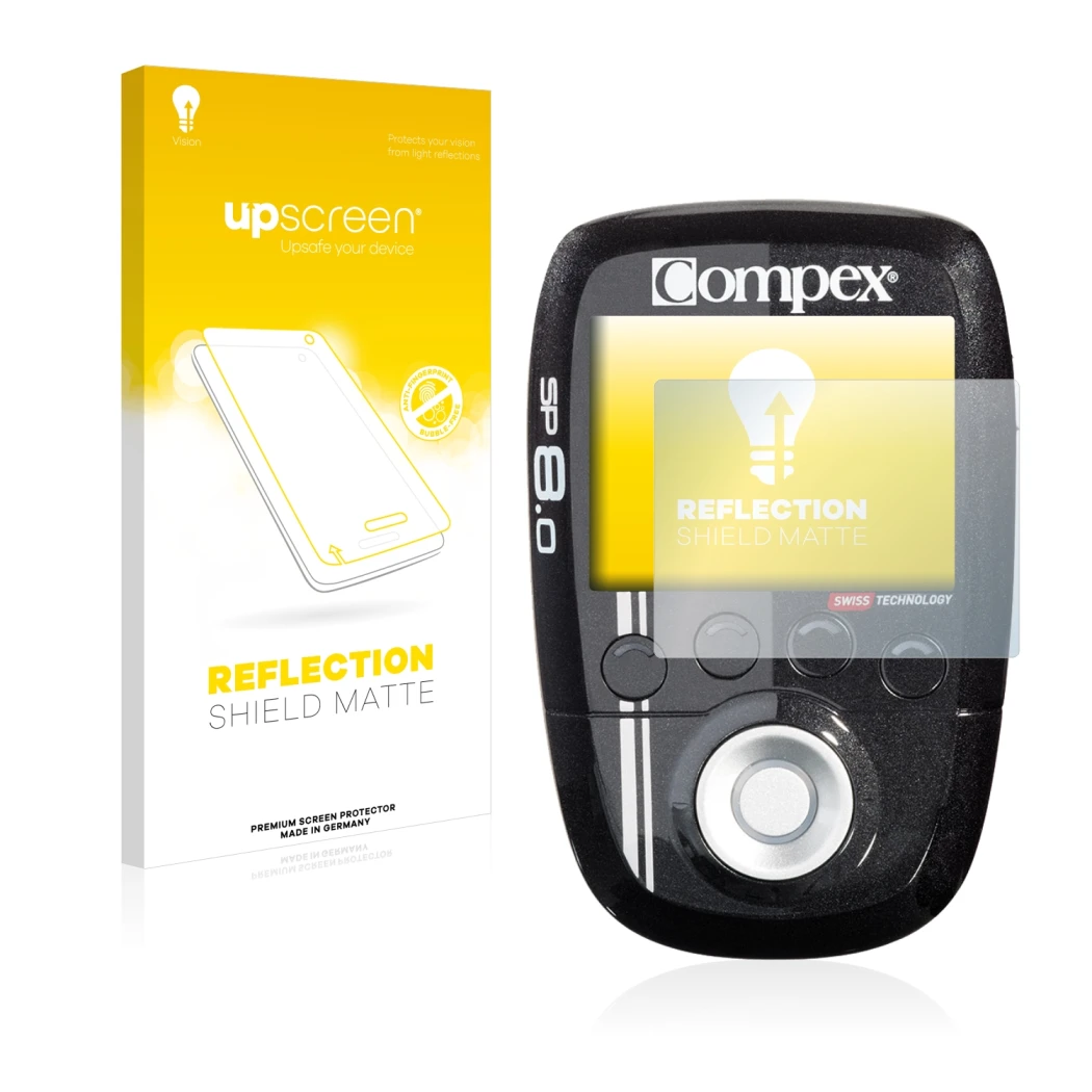 Face avant d’un emballage produit avec le logo de la marque upscreen. À côté, l’appareil Compex SP 8.0 est représenté avec la 