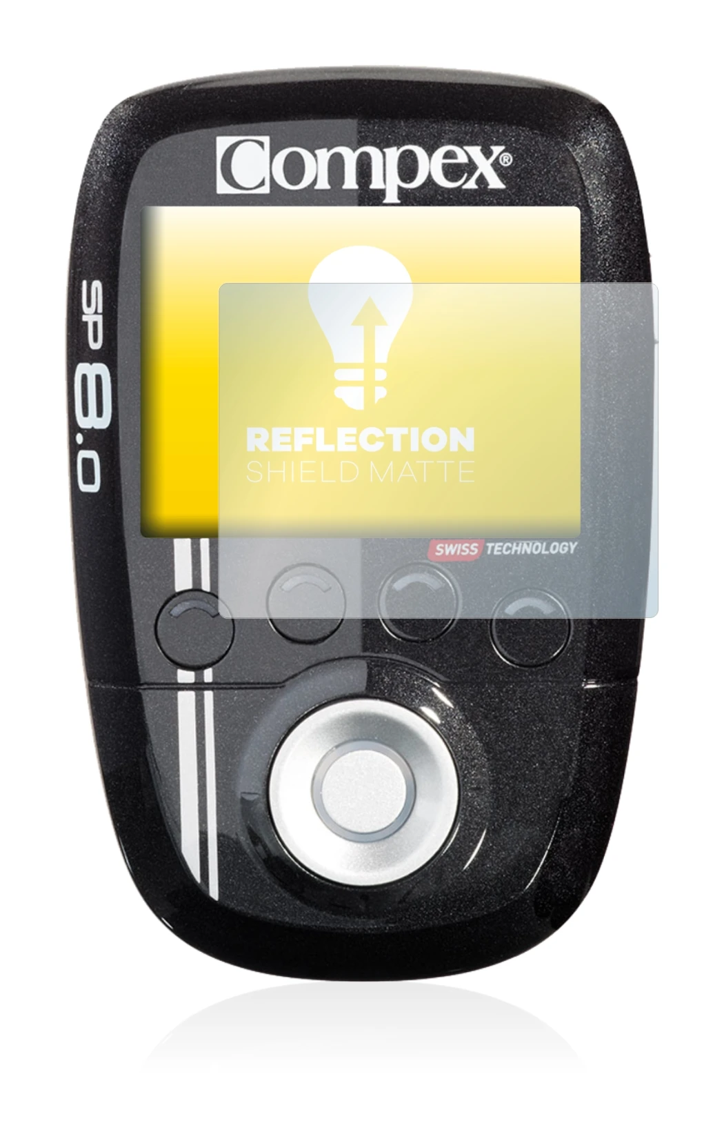 Image de l'appareil Compex SP 8.0 avec une grande variété de protections d'écran.