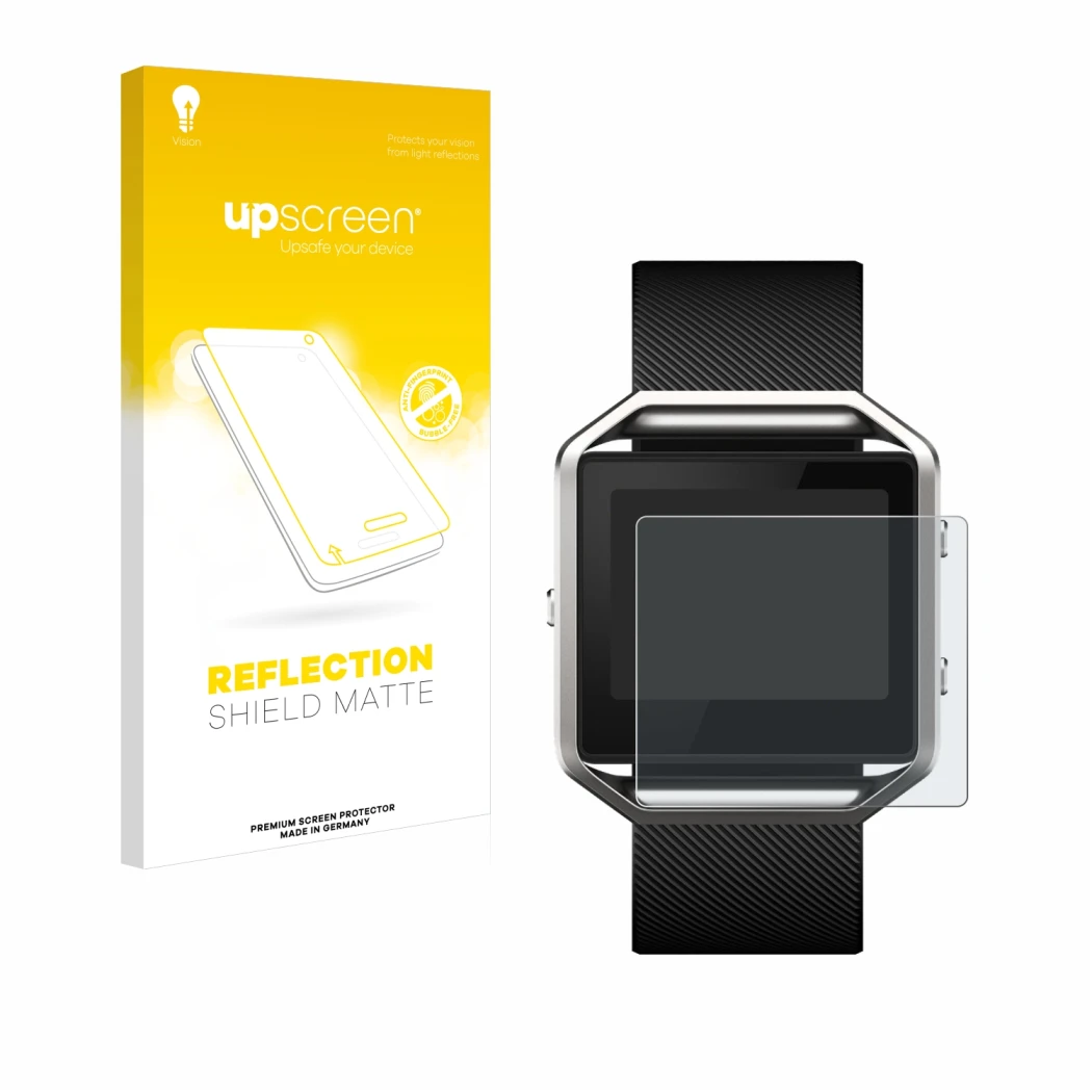 Face avant d’un emballage produit avec le logo de la marque upscreen. À côté, l’appareil Fitbit Blaze est représenté avec la p