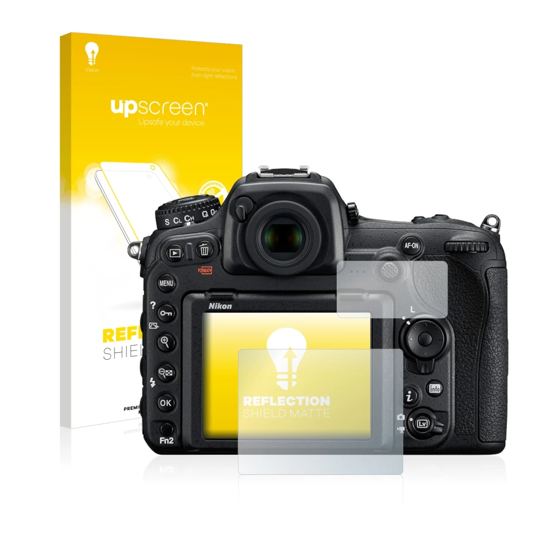 Face avant d’un emballage produit avec le logo de la marque upscreen. À côté, l’appareil Nikon D500 est représenté avec la pro