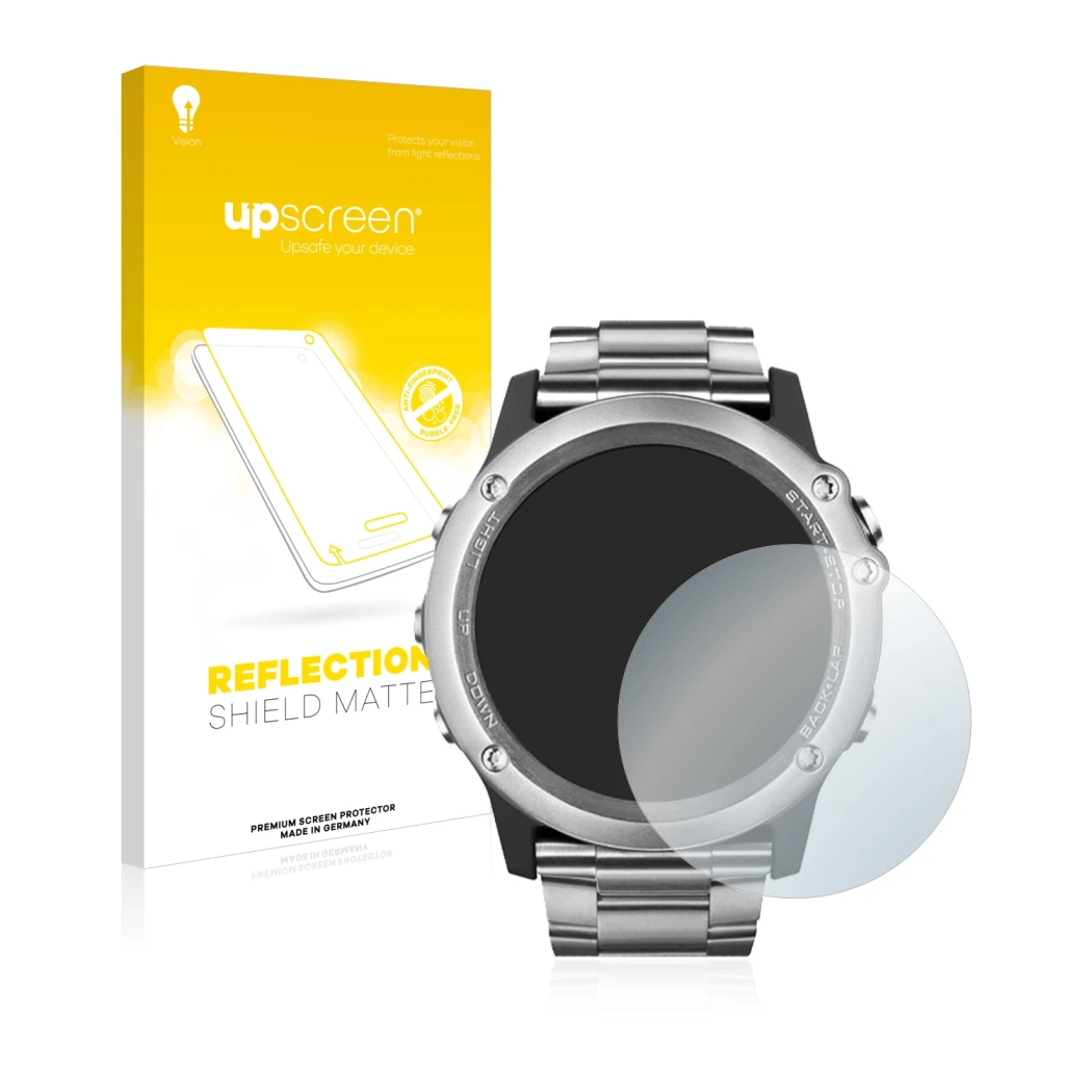Face avant d’un emballage produit avec le logo de la marque upscreen. À côté, l’appareil Garmin Fenix 3 Saphir est représenté 