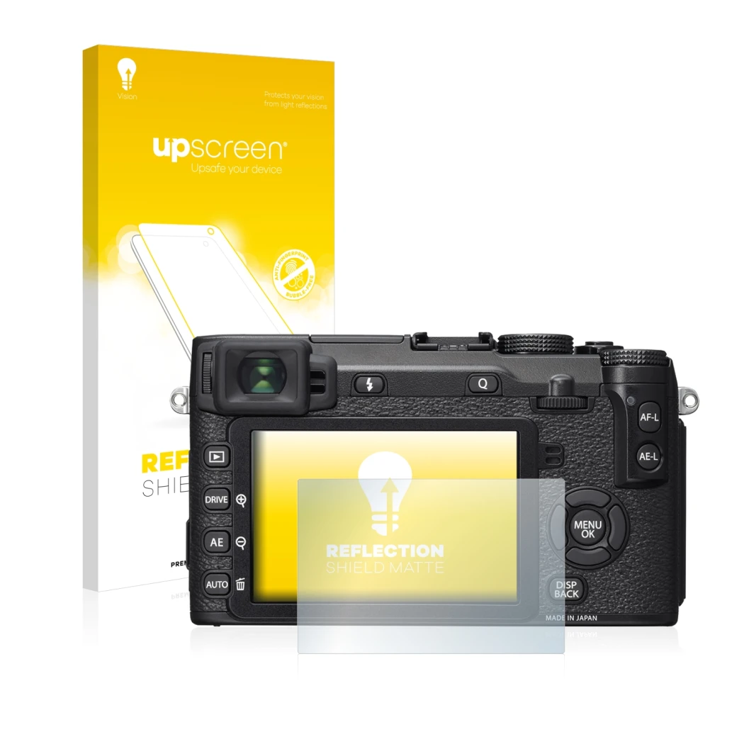 Face avant d’un emballage produit avec le logo de la marque upscreen. À côté, l’appareil Fujifilm X-E2S est représenté avec la