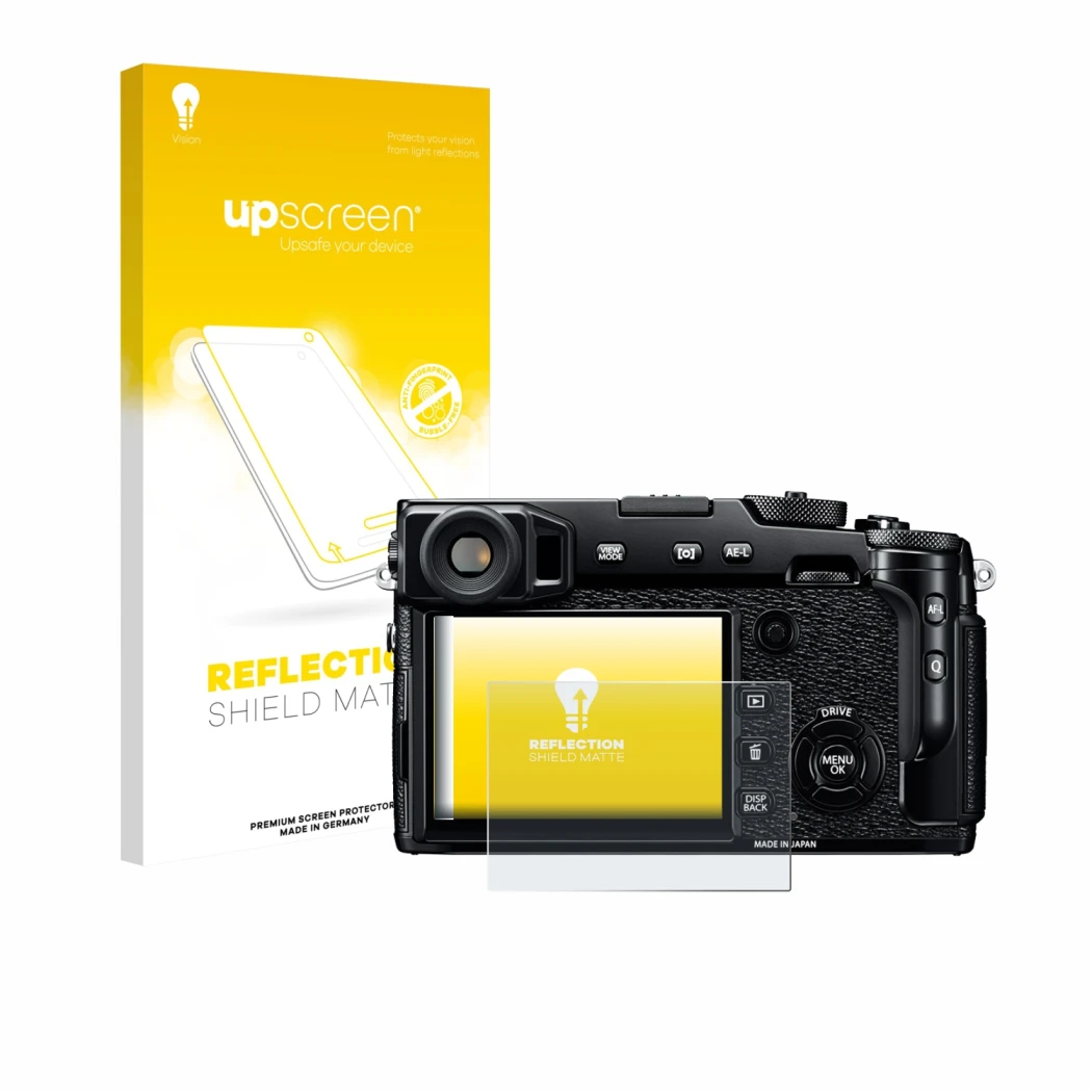 Face avant d’un emballage produit avec le logo de la marque upscreen. À côté, l’appareil Fujifilm X-Pro2 est représenté avec l