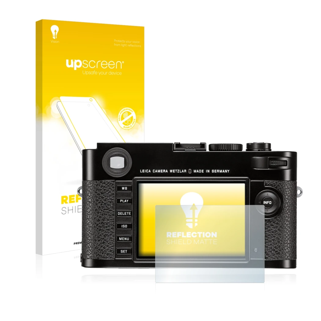 Face avant d’un emballage produit avec le logo de la marque upscreen. À côté, l’appareil Leica M (Typ 262) est représenté avec