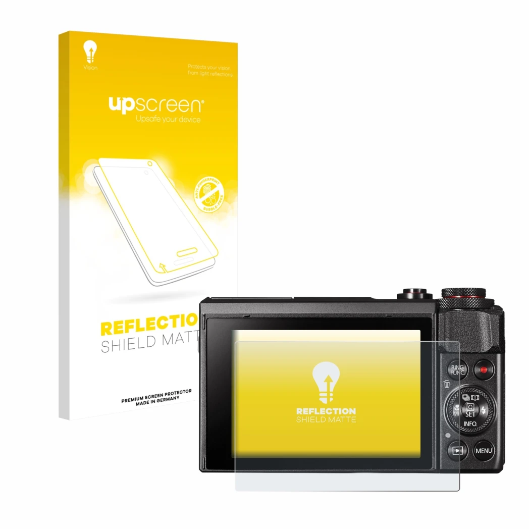 Face avant d’un emballage produit avec le logo de la marque upscreen. À côté, l’appareil Canon PowerShot G7 X Mark II est repr