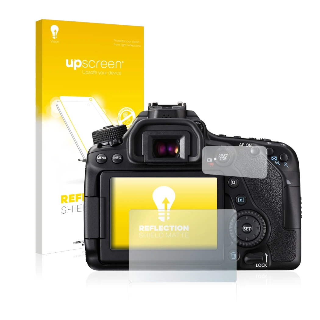 Face avant d’un emballage produit avec le logo de la marque upscreen. À côté, l’appareil Canon EOS 80D est représenté avec la 