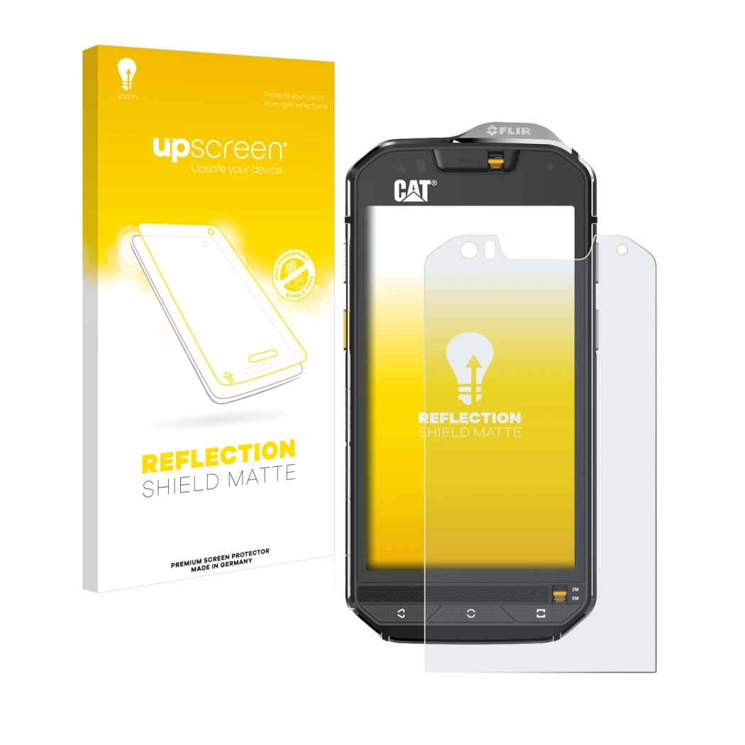 Face avant d’un emballage produit avec le logo de la marque upscreen. À côté, l’appareil Caterpillar Cat S60 est représenté av