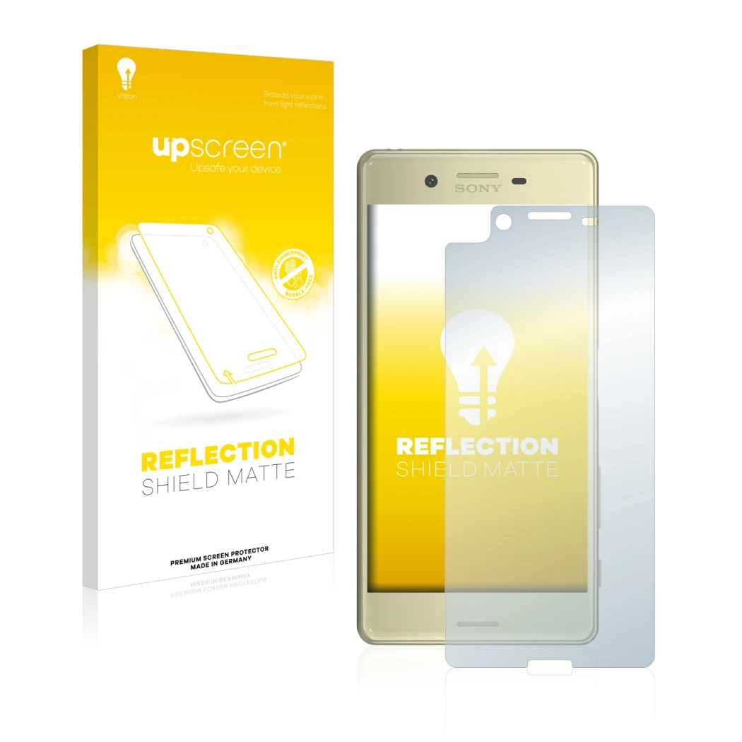 Face avant d’un emballage produit avec le logo de la marque upscreen. À côté, l’appareil Sony Xperia X est représenté avec la