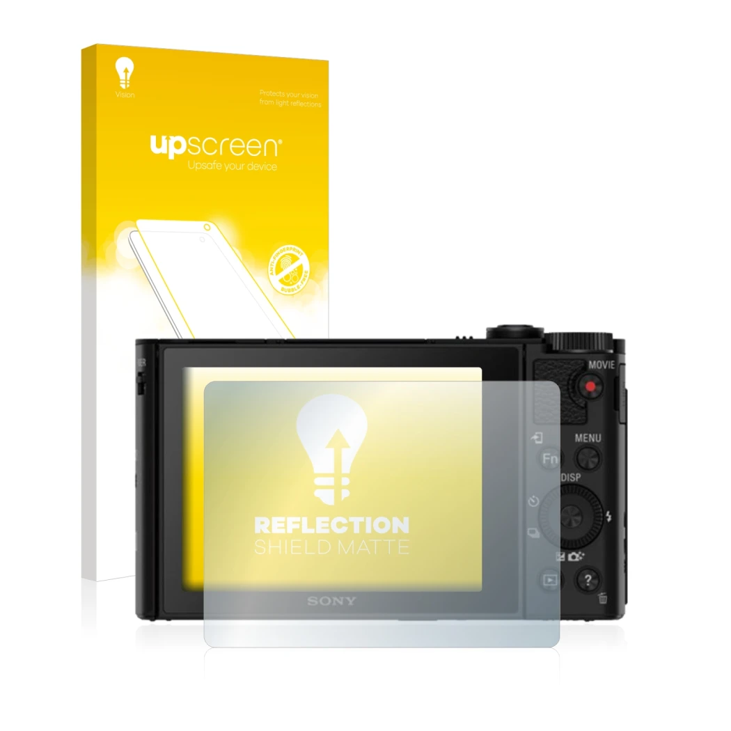 Face avant d’un emballage produit avec le logo de la marque upscreen. À côté, l’appareil Sony Cyber-Shot DSC-HX80 est représen