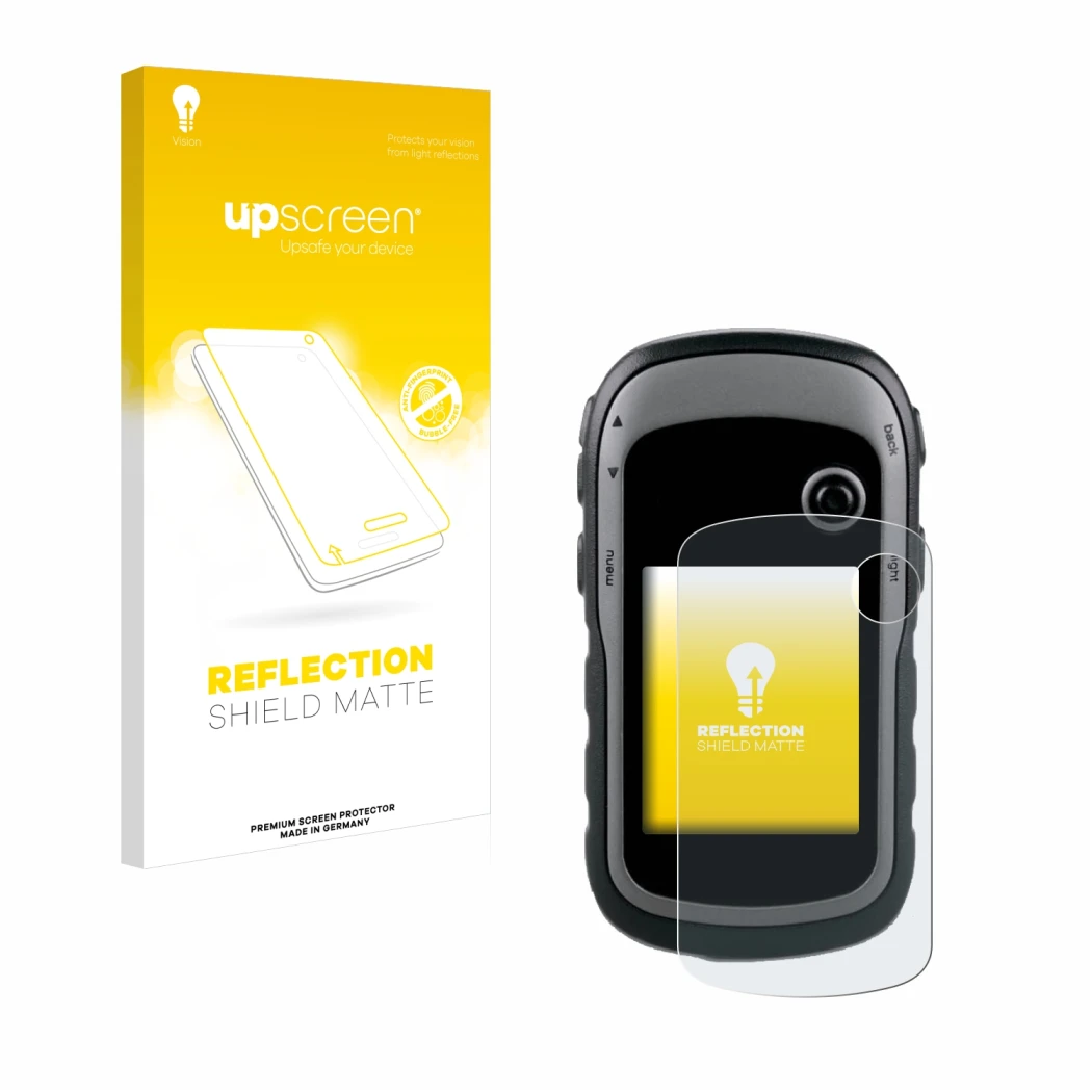 Face avant d’un emballage produit avec le logo de la marque upscreen. À côté, l’appareil Garmin eTrex 30x est représenté avec