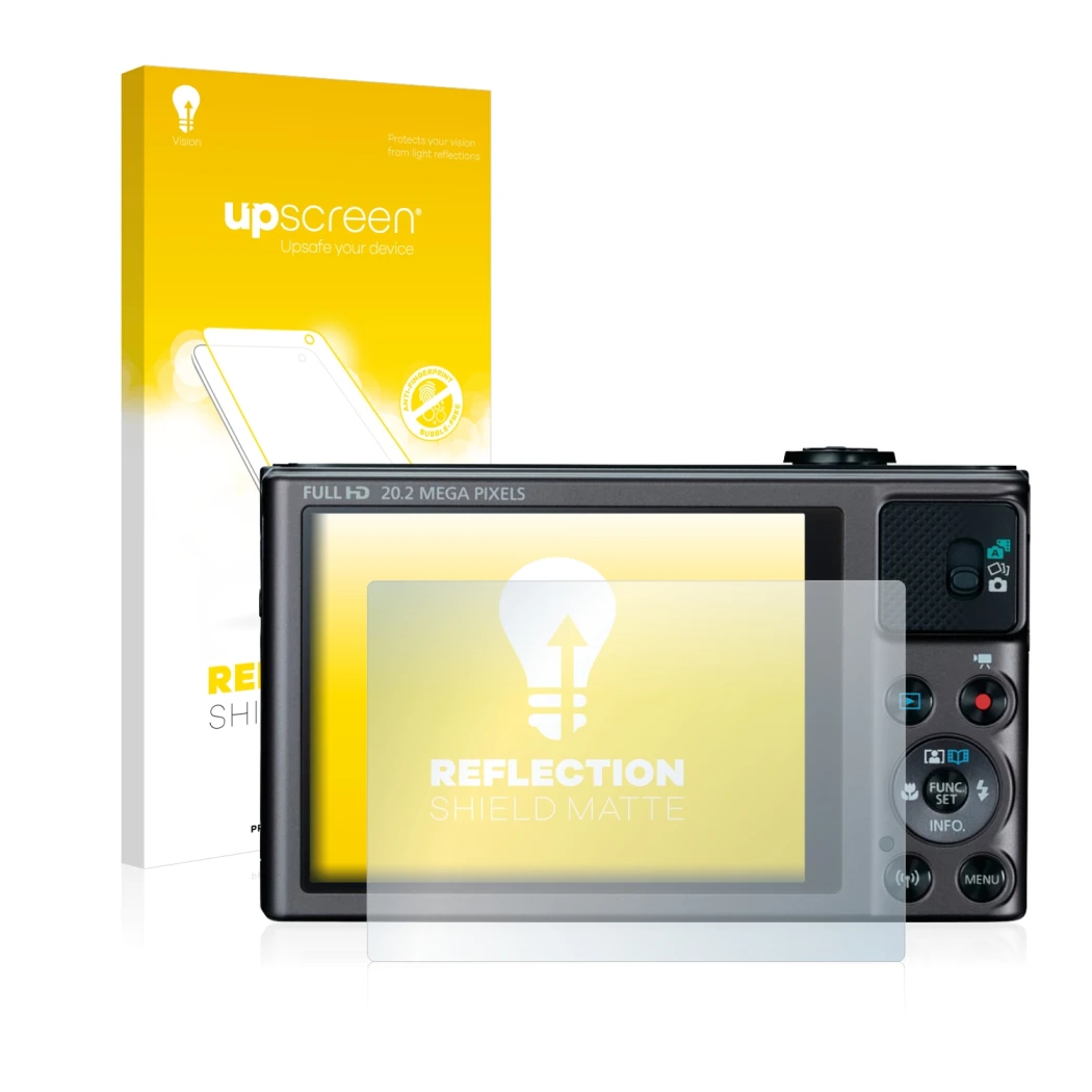Face avant d’un emballage produit avec le logo de la marque upscreen. À côté, l’appareil Canon PowerShot SX620 HS est représen