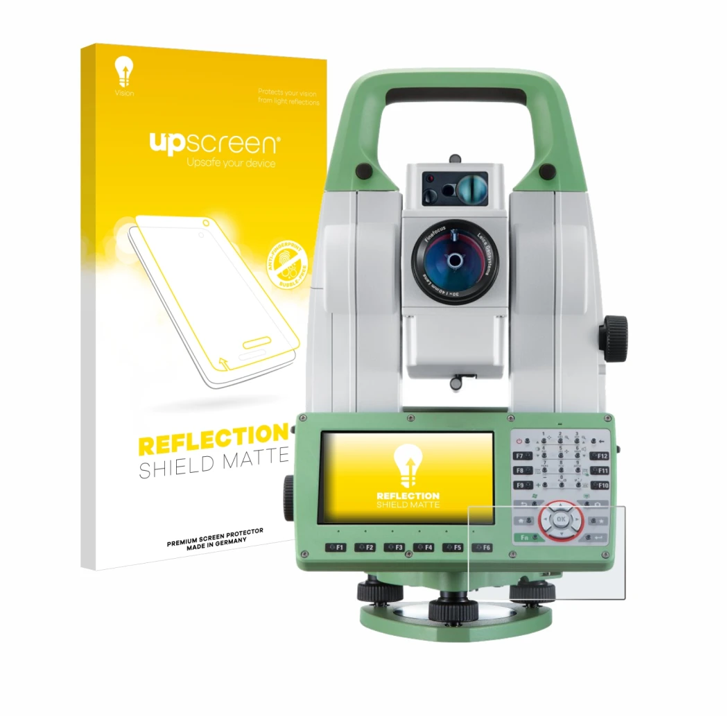 Face avant d’un emballage produit avec le logo de la marque upscreen. À côté, l’appareil Leica Viva TS16 est représenté avec l