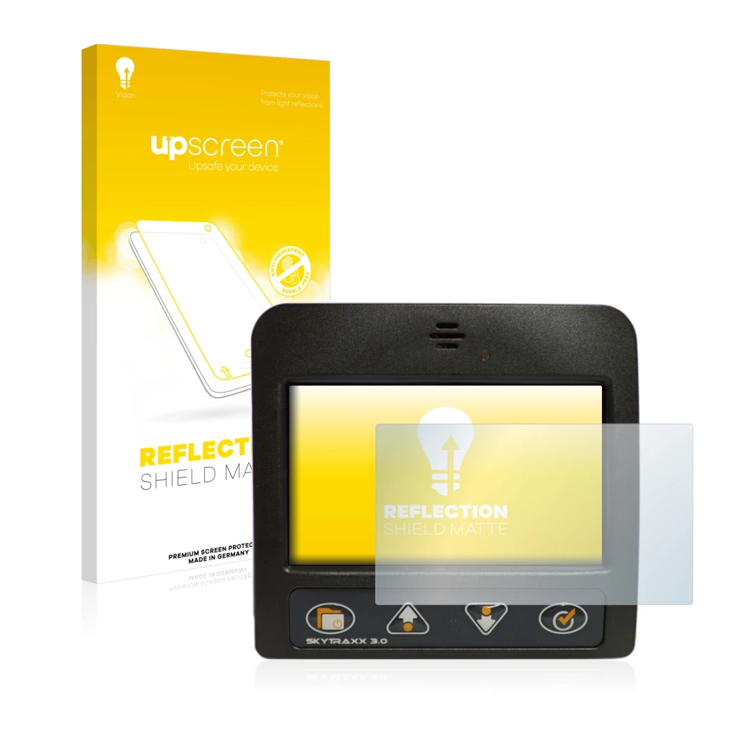 Face avant d’un emballage produit avec le logo de la marque upscreen. À côté, l’appareil Skytraxx 3.0 Vario est représenté ave