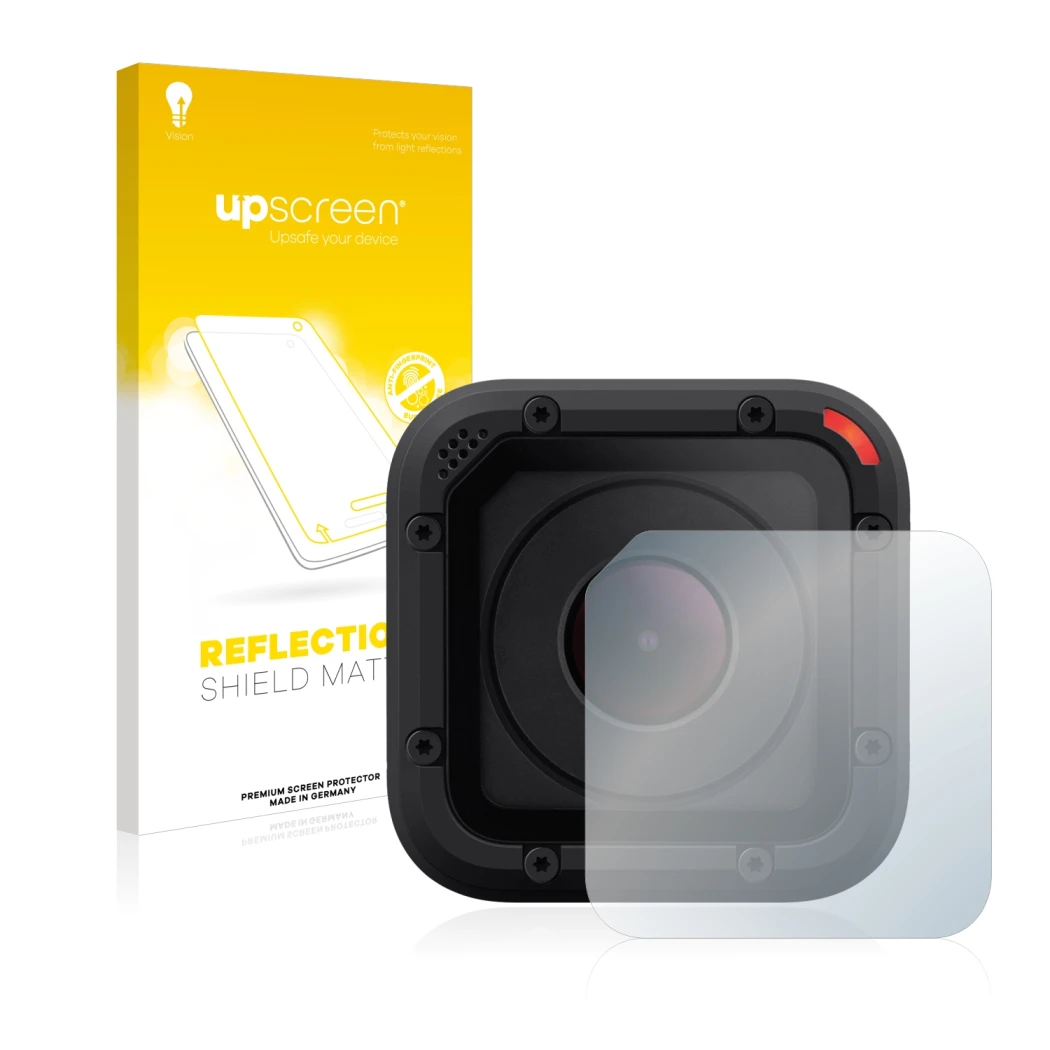 Face avant d’un emballage produit avec le logo de la marque upscreen. À côté, l’appareil GoPro Hero Session est représenté ave