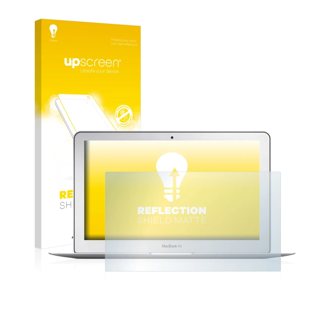 Face avant d’un emballage produit avec le logo de la marque upscreen. À côté, l’appareil Apple MacBook Air 11