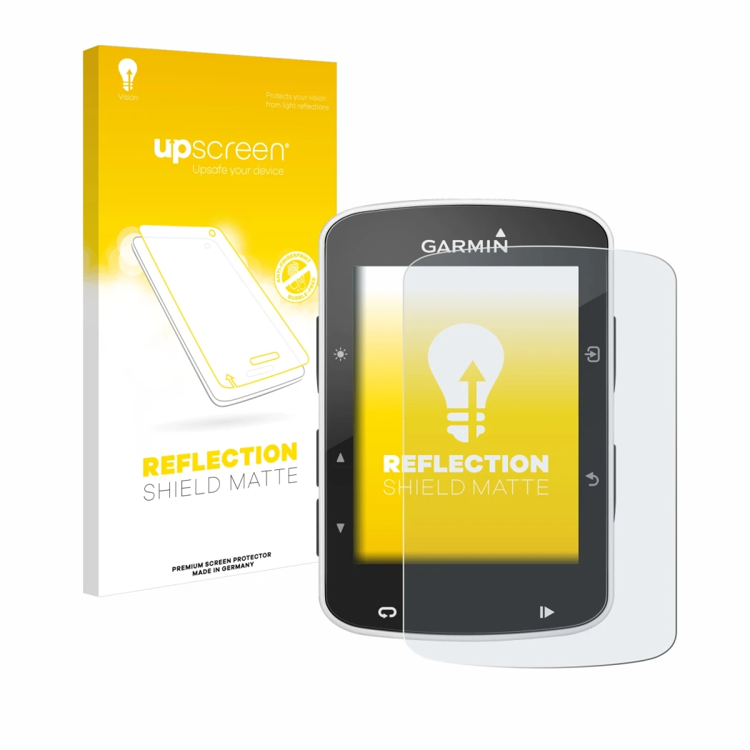 Face avant d’un emballage produit avec le logo de la marque upscreen. À côté, l’appareil Garmin Edge 820 est représenté avec l