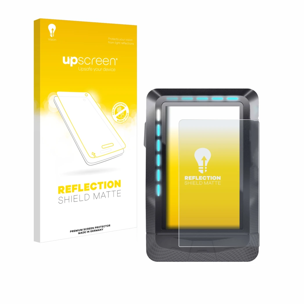 Face avant d’un emballage produit avec le logo de la marque upscreen. À côté, l’appareil Wahoo Elemnt GPS est représenté avec 