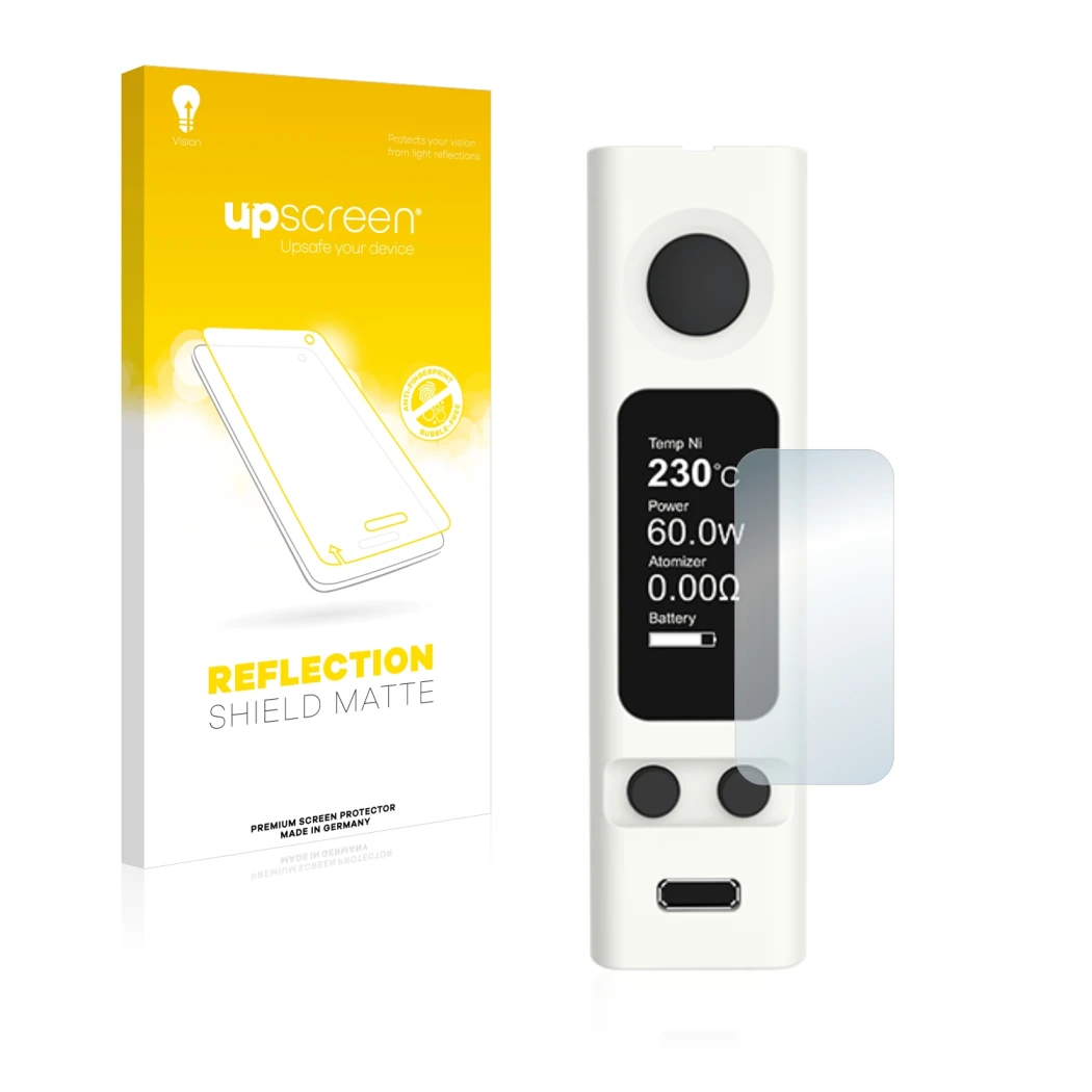 Face avant d’un emballage produit avec le logo de la marque upscreen. À côté, l’appareil Joyetech eVic VTwo Mini est représent