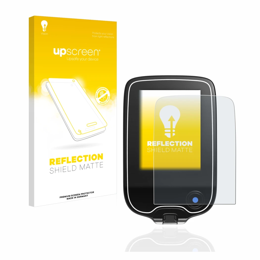 Face avant d’un emballage produit avec le logo de la marque upscreen. À côté, l’appareil Freestyle Libre est représenté avec l