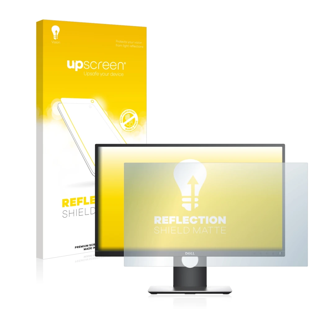 Face avant d’un emballage produit avec le logo de la marque upscreen. À côté, l’appareil Dell P2417H est représenté avec la pr