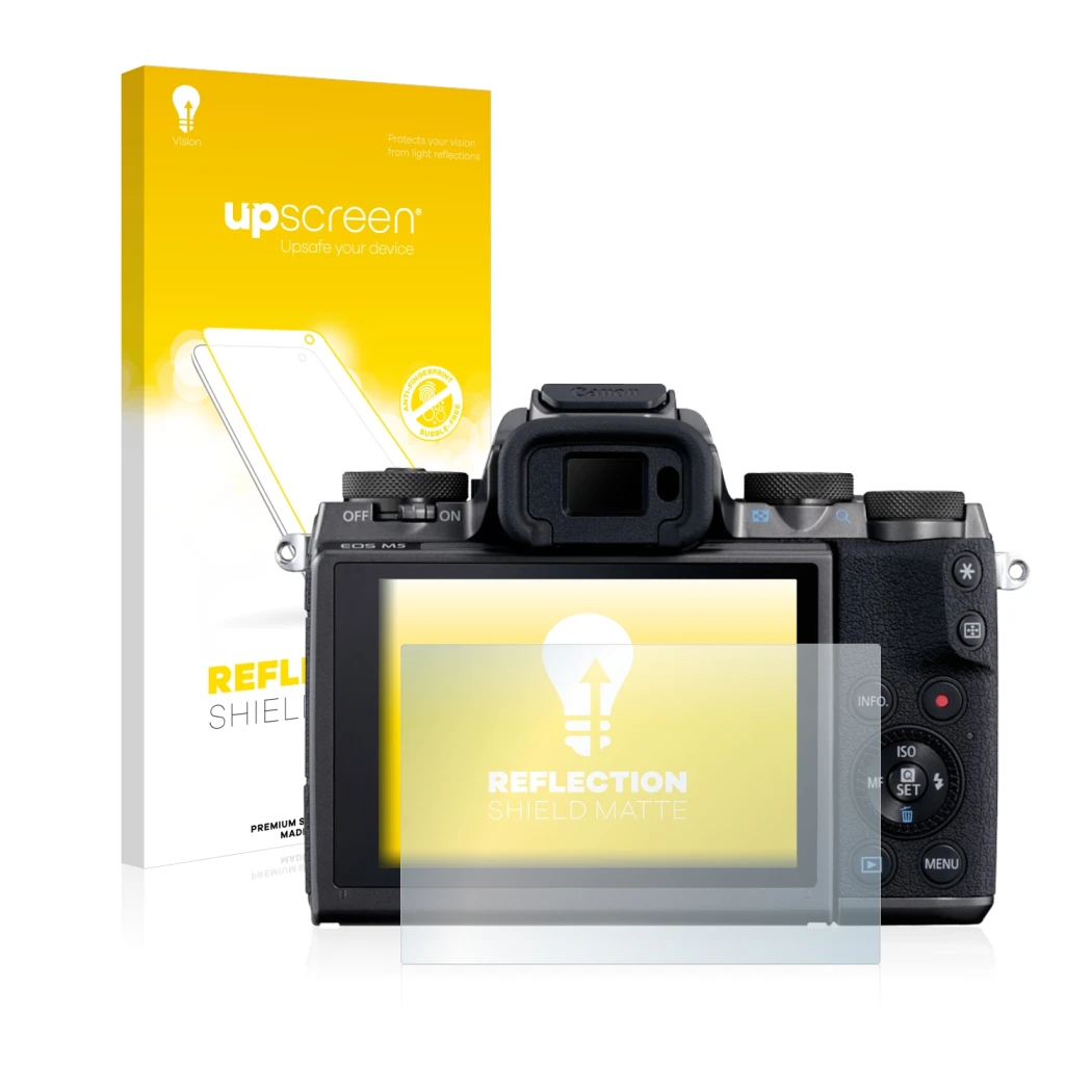 Face avant d’un emballage produit avec le logo de la marque upscreen. À côté, l’appareil Canon EOS M5 est représenté avec la p