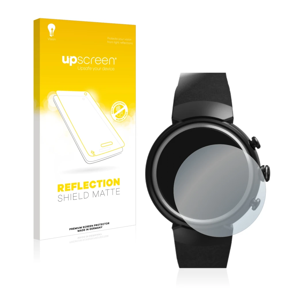 Face avant d’un emballage produit avec le logo de la marque upscreen. À côté, l’appareil ASUS ZenWatch 3 1.39