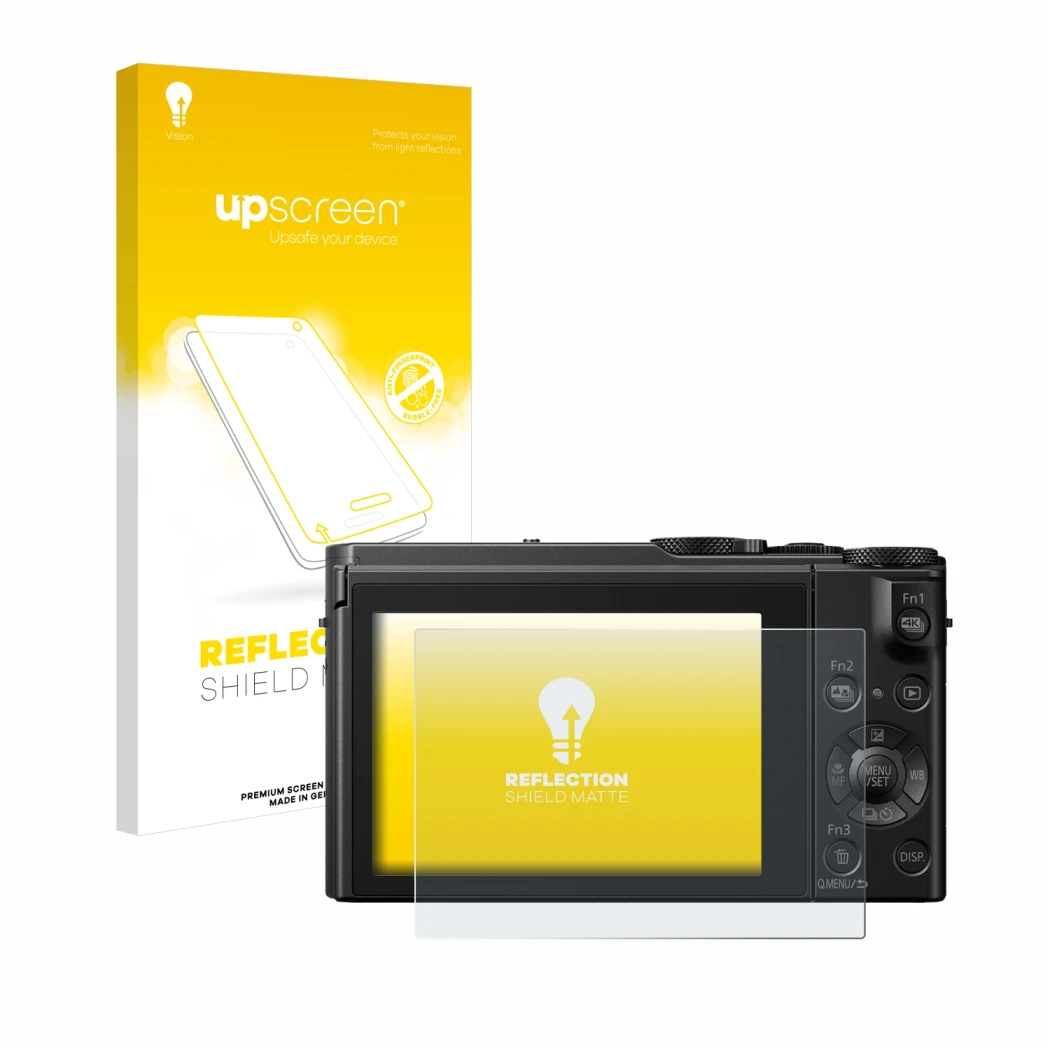 Face avant d’un emballage produit avec le logo de la marque upscreen. À côté, l’appareil Panasonic Lumix DMC-LX15 est représen