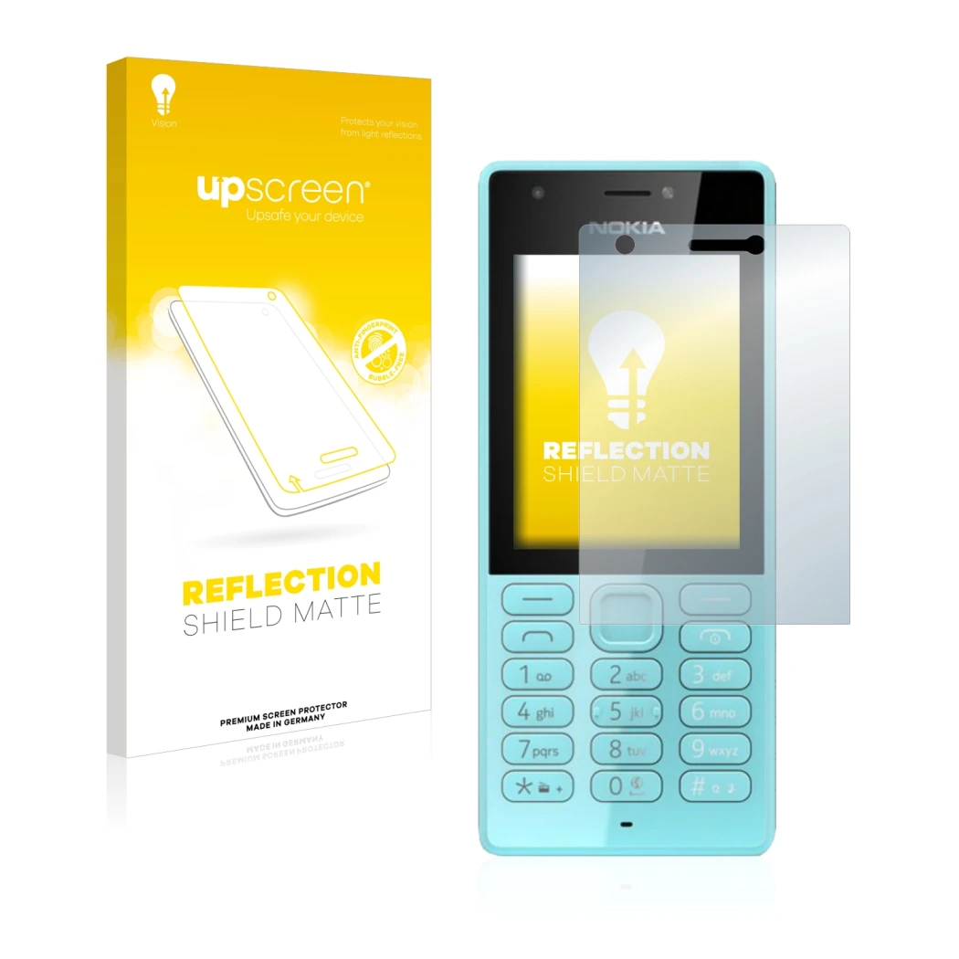 Face avant d’un emballage produit avec le logo de la marque upscreen. À côté, l’appareil Nokia 216 est représenté avec la prot
