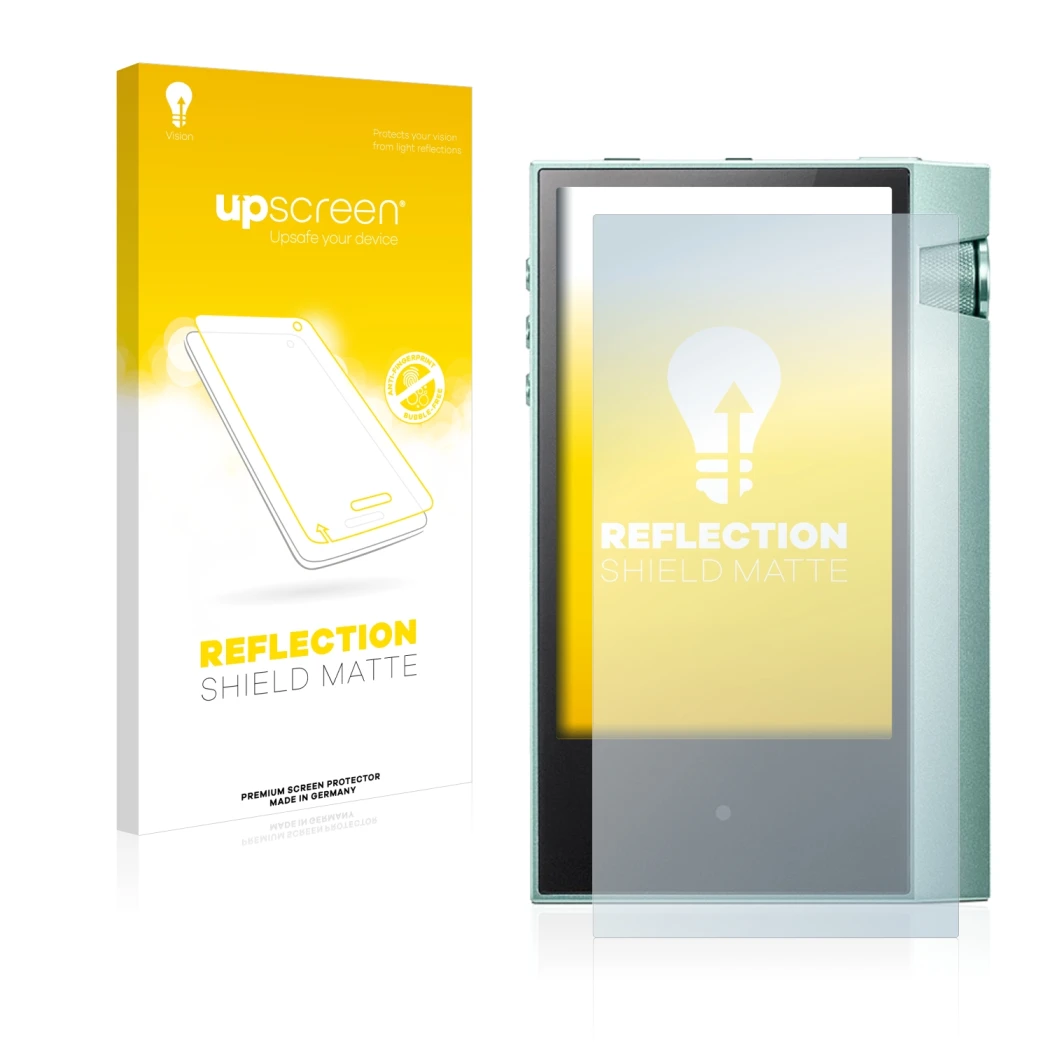 Face avant d’un emballage produit avec le logo de la marque upscreen. À côté, l’appareil Astell&Kern AK70 est représenté avec 