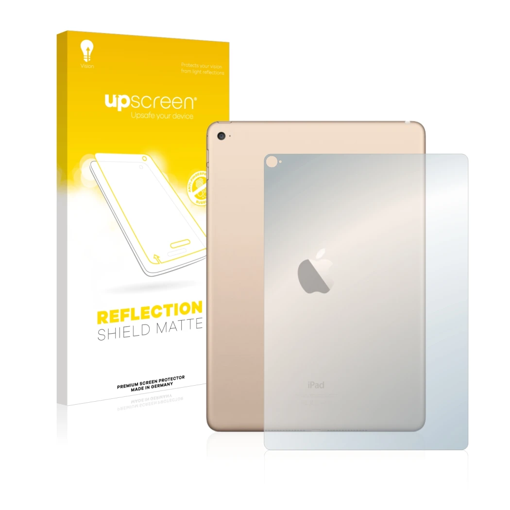 Face avant d’un emballage produit avec le logo de la marque upscreen. À côté, l’appareil Apple iPad Air 2 2014 (Arrière) est r