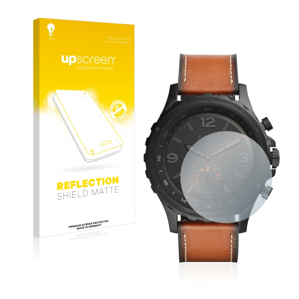 Face avant d’un emballage produit avec le logo de la marque upscreen. À côté, l’appareil Fossil Q Nate est représenté avec la