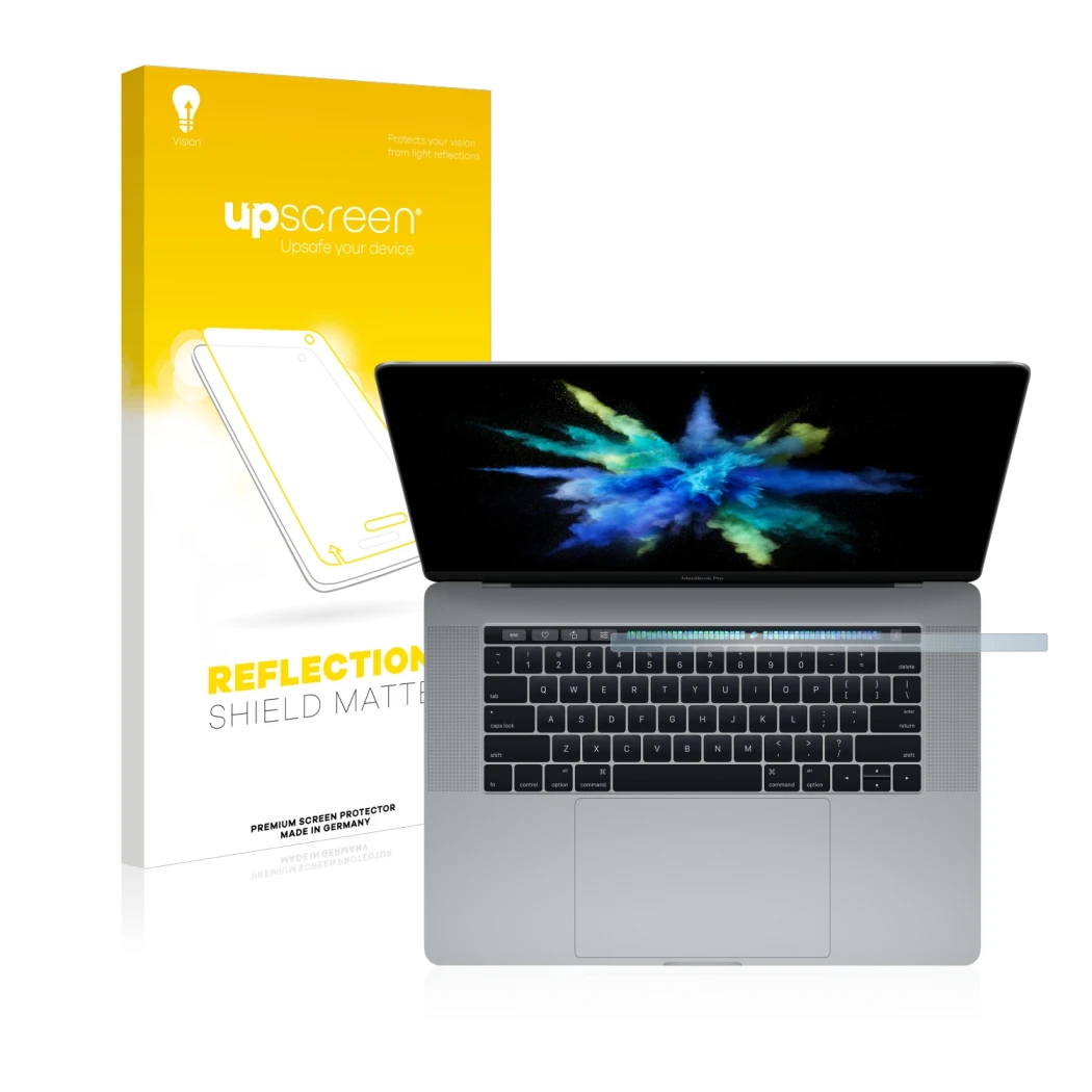 Face avant d’un emballage produit avec le logo de la marque upscreen. À côté, l’appareil Apple MacBook Pro 15