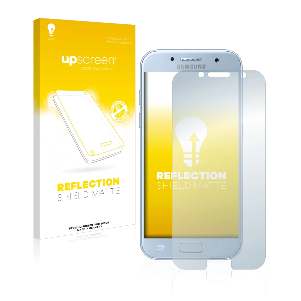 Face avant d’un emballage produit avec le logo de la marque upscreen. À côté, l’appareil Samsung Galaxy A5 2017 est représenté