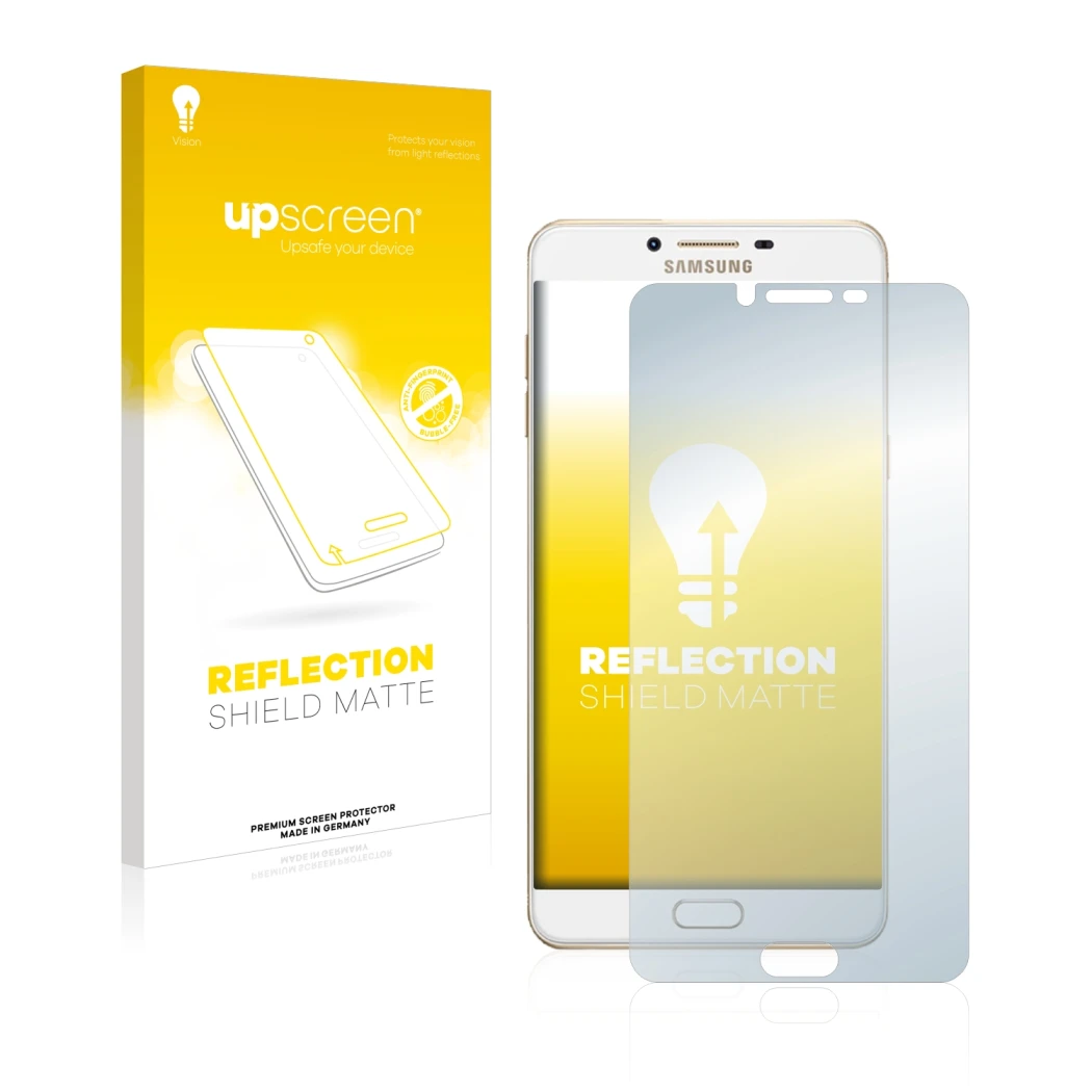 Face avant d’un emballage produit avec le logo de la marque upscreen. À côté, l’appareil Samsung Galaxy C9 Pro est représenté 