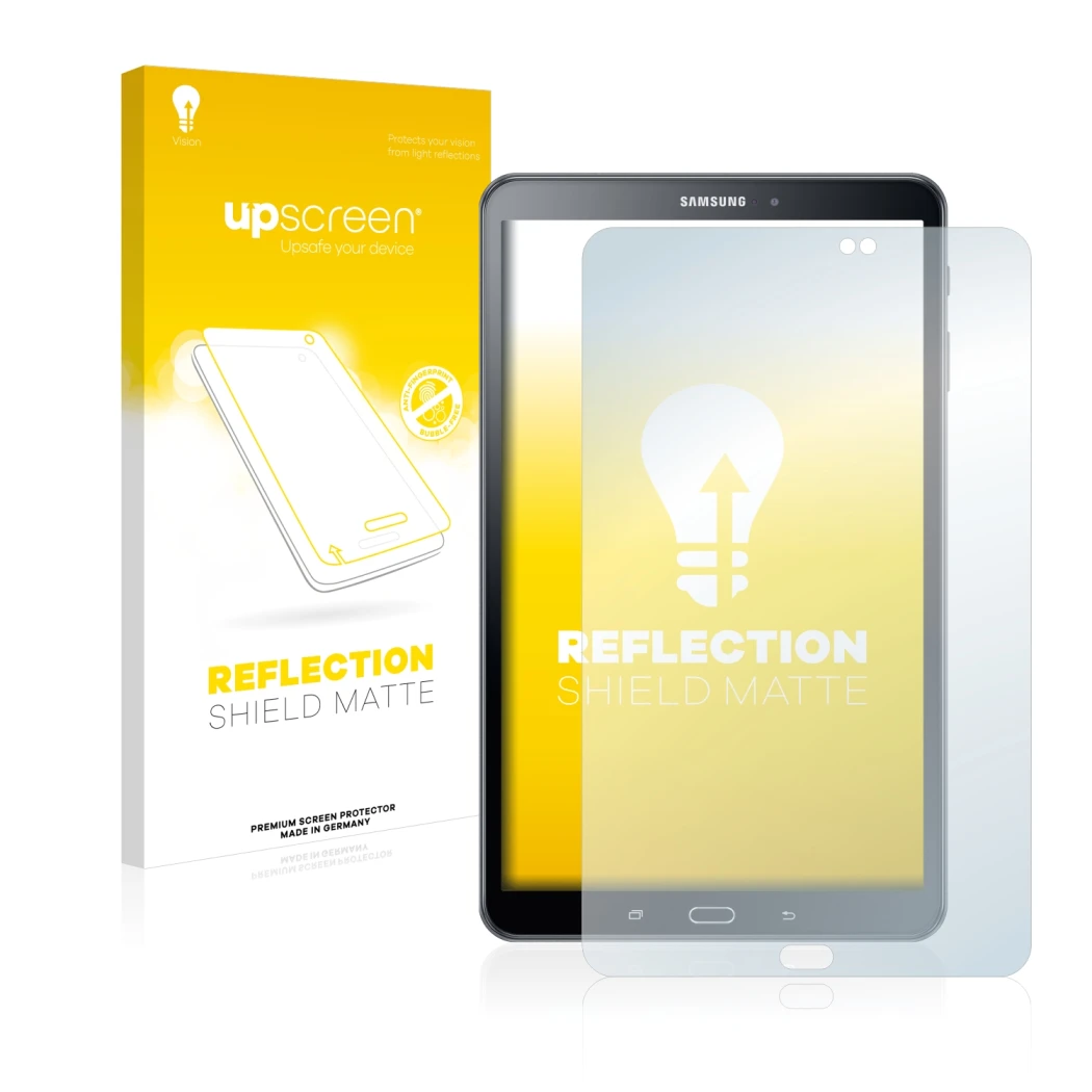 Face avant d’un emballage produit avec le logo de la marque upscreen. À côté, l’appareil Samsung Galaxy Tab A6 10.1